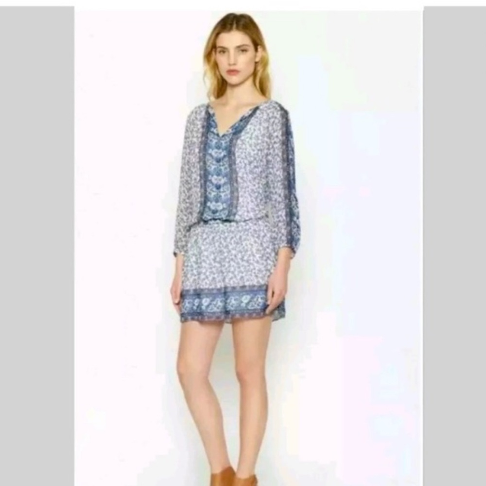 Joie Women's Dress‎ Size M Blue Floral Silk Blend V Neck 3/4 Sleeve